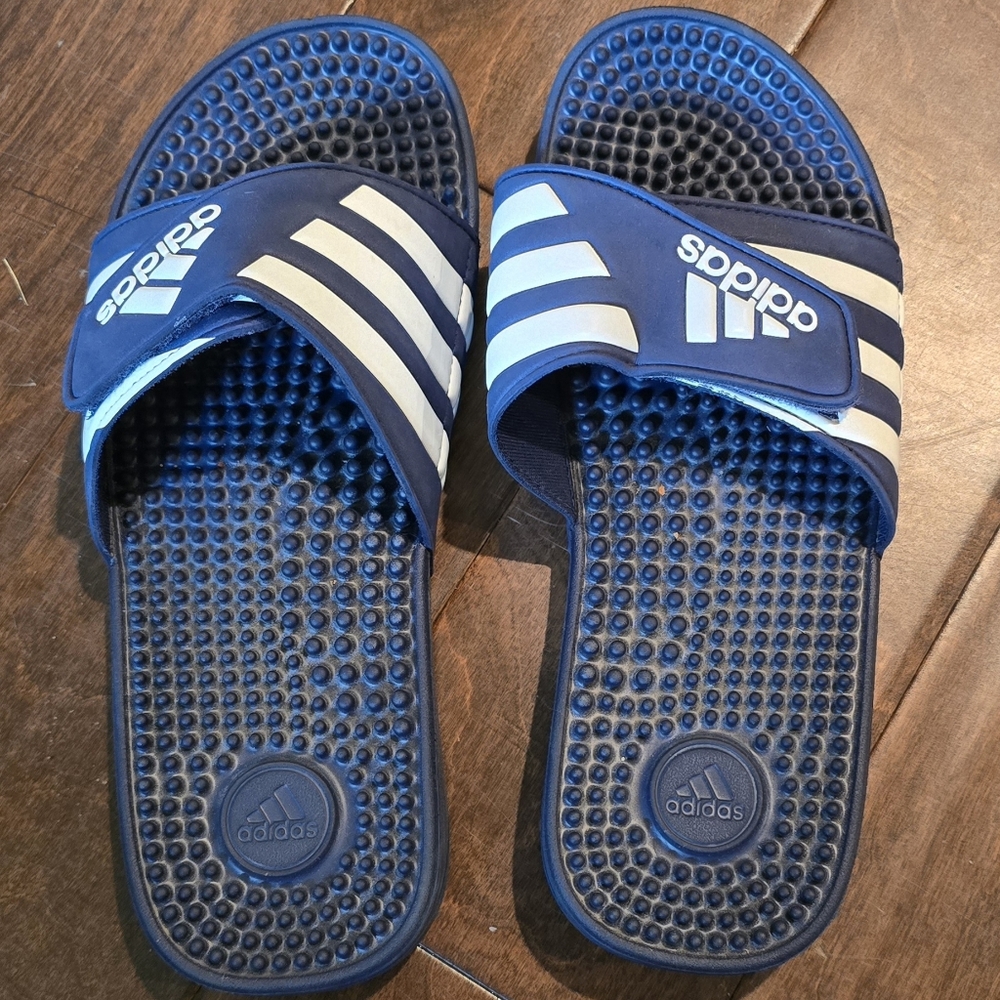 Adidas Navy and White Slide Sandals, M9/W10
